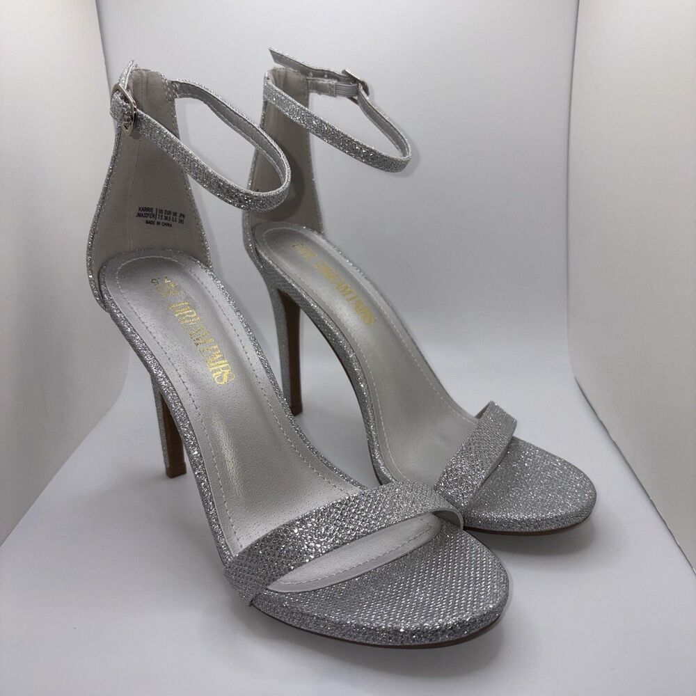Silver Glitter Sandals 7.5 Y2k Prom Wedding Metallic Strap Open Toe Stiletto